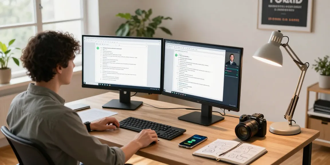 Engaged user using WhatsApp電腦版 in a modern home office setup with dual monitors and a cozy atmosphere.
