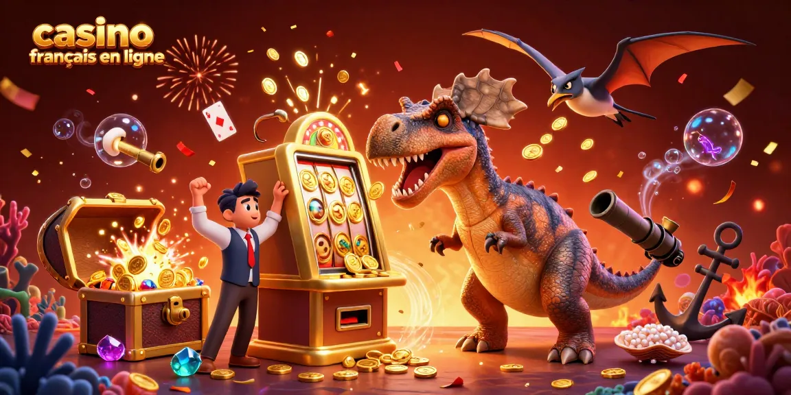 Jouez au casino français en ligne avec un dinosaure joyeux et des pièces d'or qui tombent.