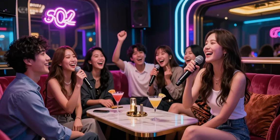 Friends enjoying a night out at 강남가라오케 with cocktails and a microphone in a private lounge.