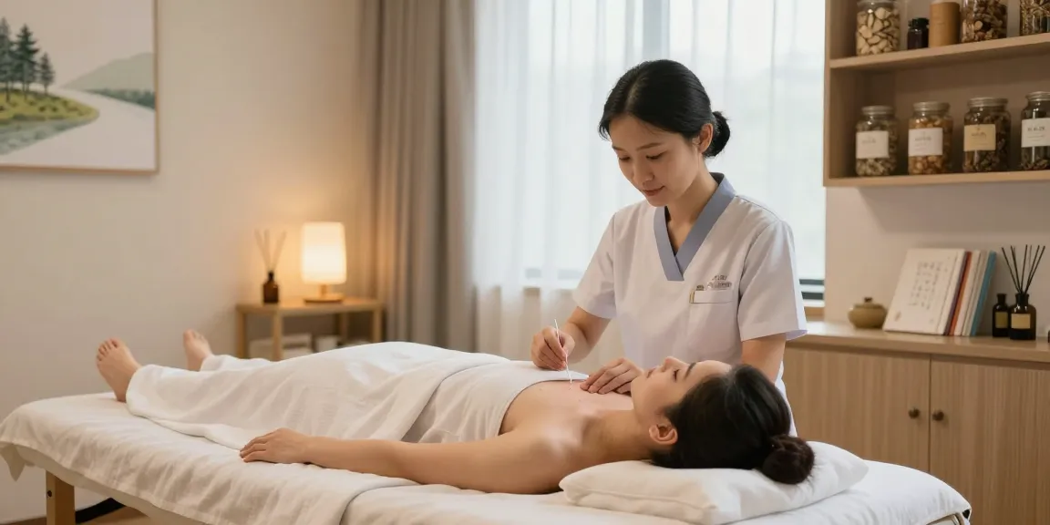 Healing ambiance at 수원한의원 with acupuncturist treating patient in serene clinic