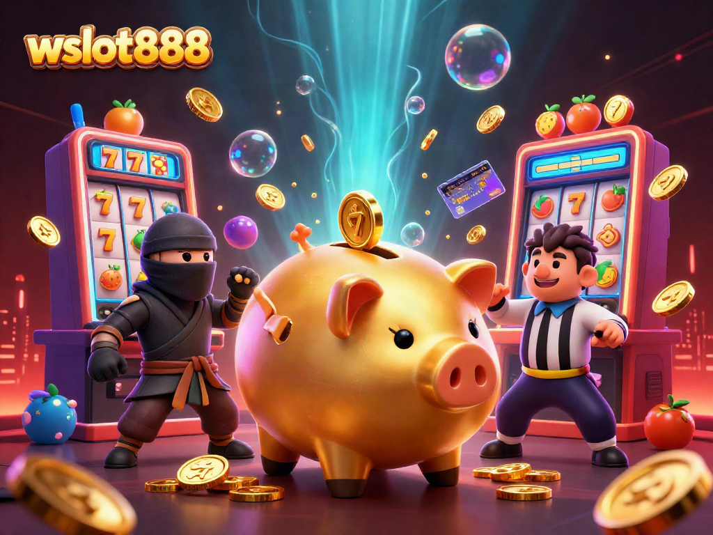 Pergulatan slot yang mengasyikkan dengan wslot888 menampilkan karakter celengan emas, ninja dompet, dan wasit samurai.