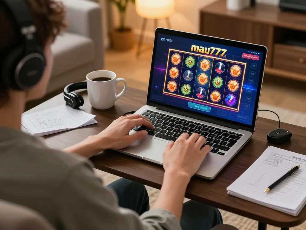 Bermain permainan mau777 slot di laptop stylish dalam suasana rumah yang nyaman, menunjukkan antarmuka pengguna yang cerah.