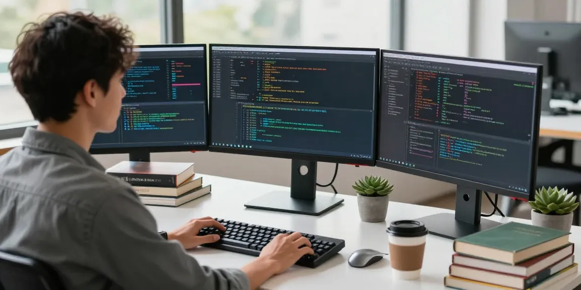 Developer coding on multiple monitors showcasing the functionality of 纸飞机中文版 in a modern tech workspace.