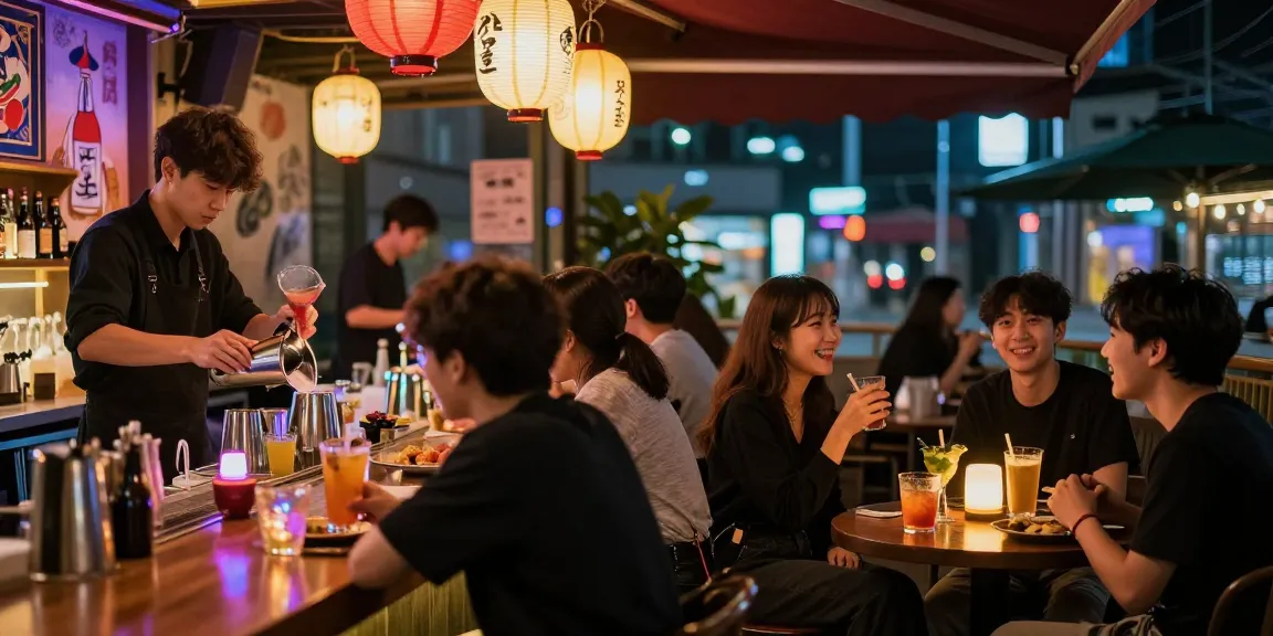 Exciting nightlife at 상봉동 한국관나이트 with friends enjoying drinks and vibrant atmosphere.