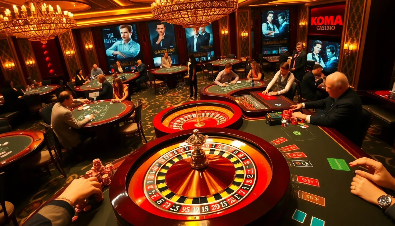 A thrilling zonafilm-inspired casino scene with players at poker tables and a spinning roulette wheel.