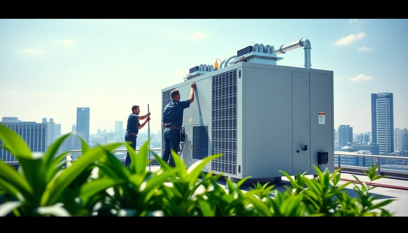 Install commercial HVAC system on rooftop for modern office building with professional technicians.