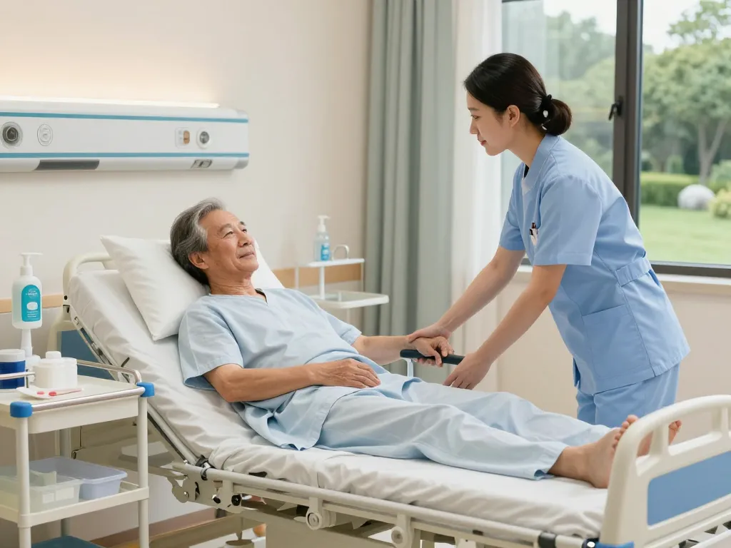 Comfortable modern giường bệnh nhân being adjusted by a nurse for elderly patient care in a well-lit healthcare setting.