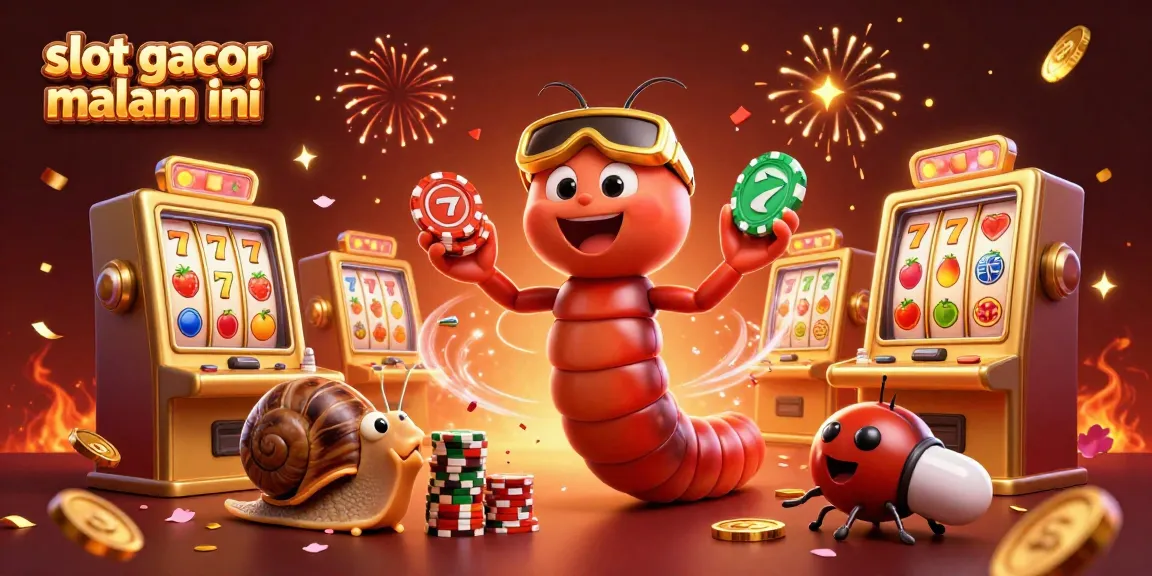 Visualisasi slot gacor malam ini dengan dealer kartun, simbol mesin slot, dan chip besar.