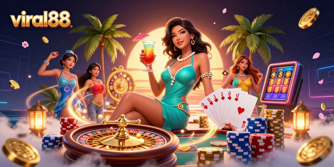 Spin to win at viral88 with slots, roulette, and poker elements in a vibrant casino setting.