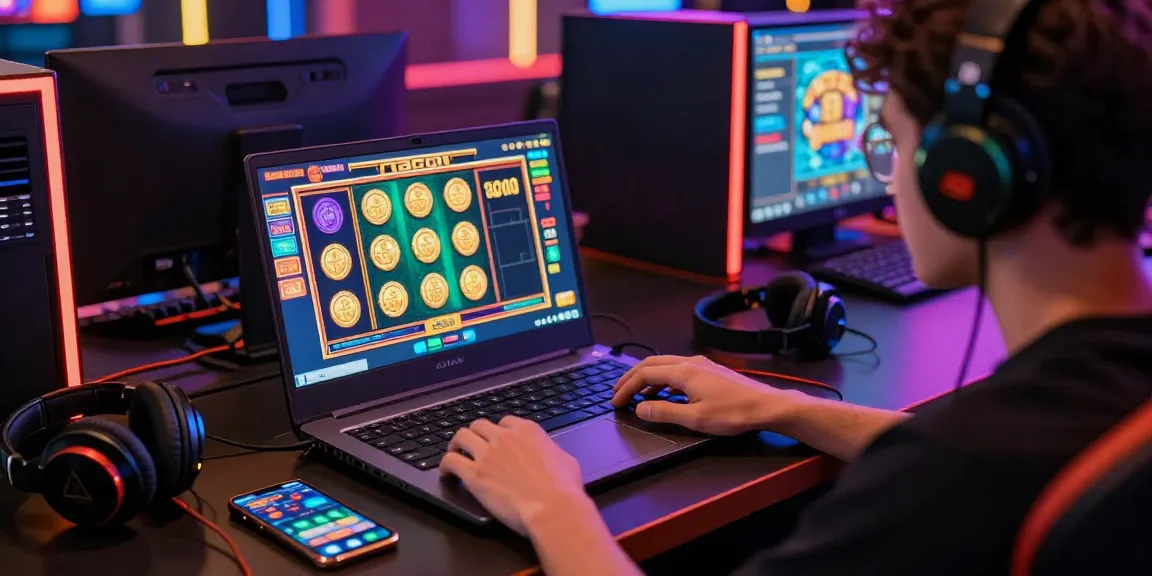Player enjoying slot gacor games on a laptop with vibrant graphics and gaming accessories.