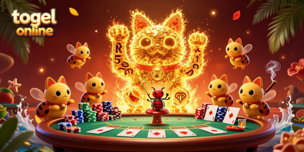 Tampilkan togel online dengan ilustrasi kucing keberuntungan yang dikelilingi oleh elemen kasino yang menarik dan dinamis.