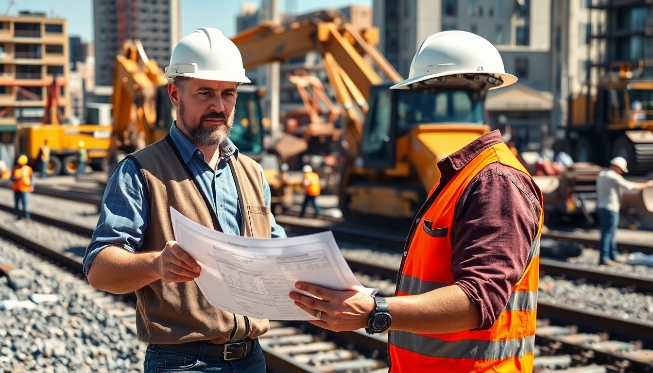 Railroad Contractors Near Me collaborating on a construction site with machinery and blueprints.