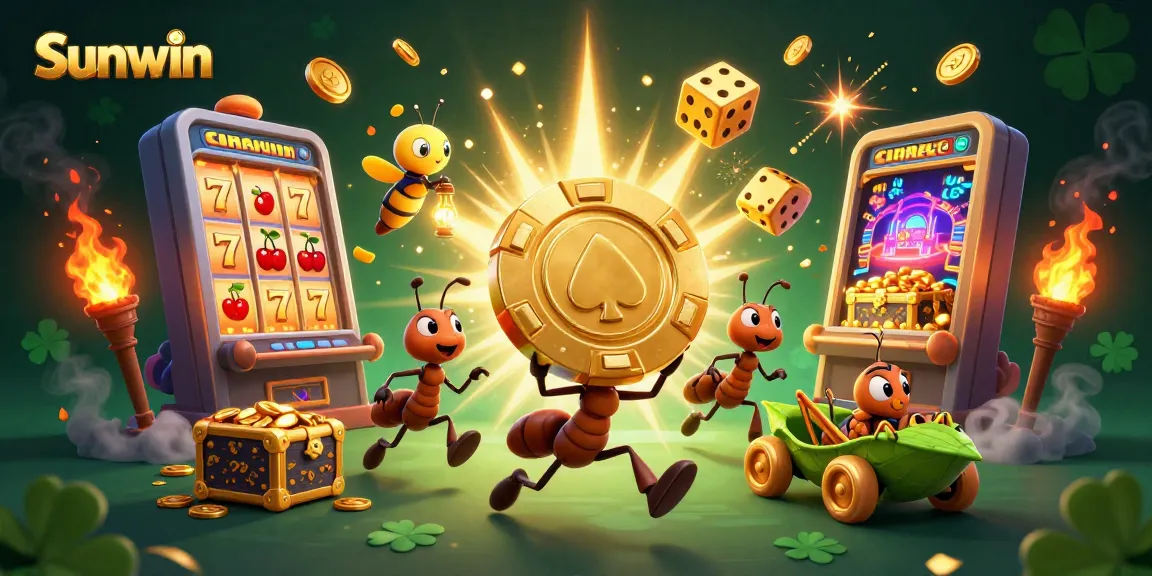 Play exciting casino games with Sunwin's vibrant 3D heist scene featuring ants, poker chips, and more.