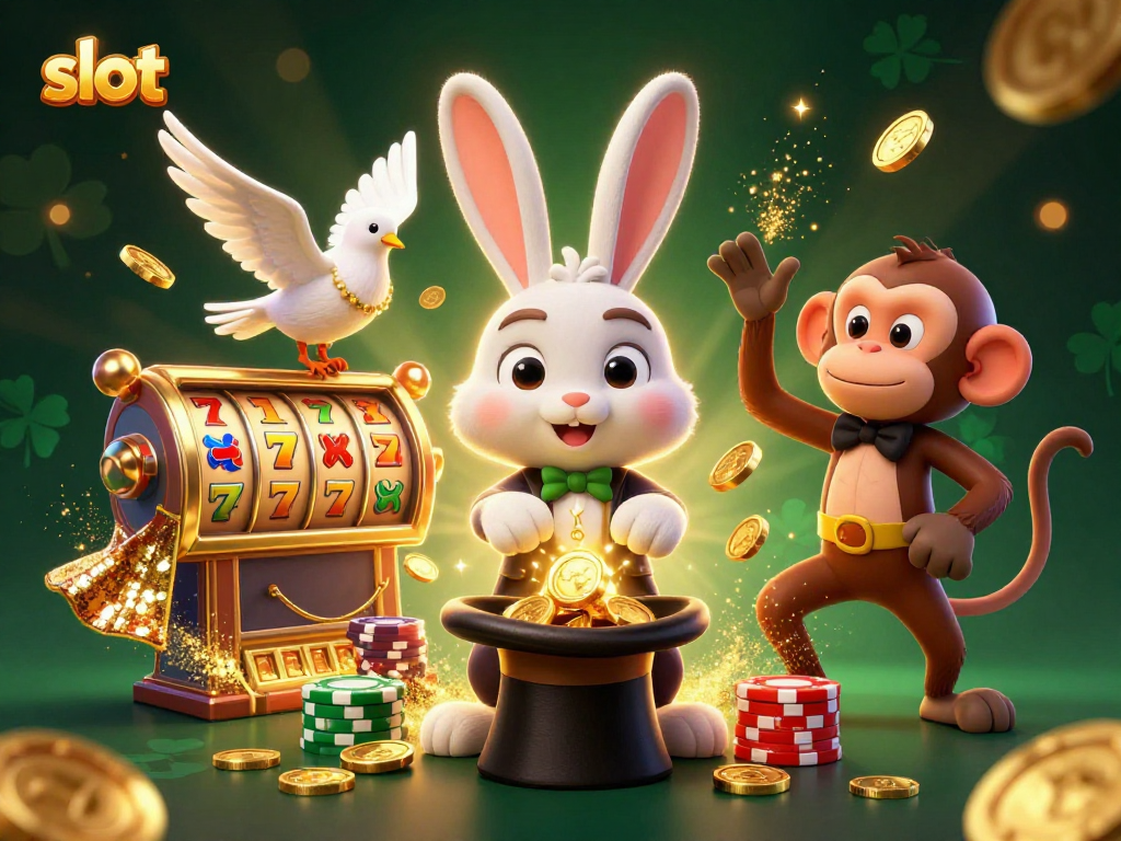 Spin the slot and win! Magician rabbit, dove, and monkey create a thrilling casino scene.