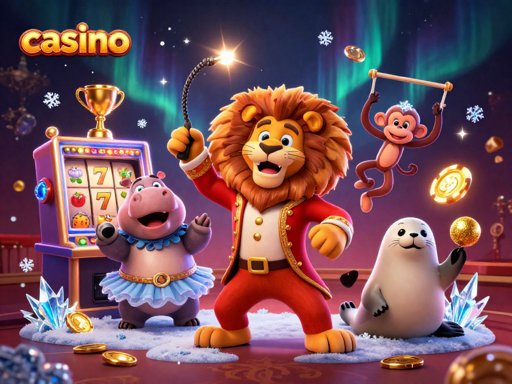 Experience excitement at the casino with lively characters and slot machine action in this vibrant illustration.