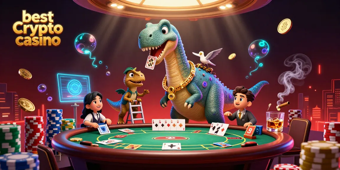 Venez découvrir le meilleur casino crypto avec un brontosaurus et des jetons de poker animés.