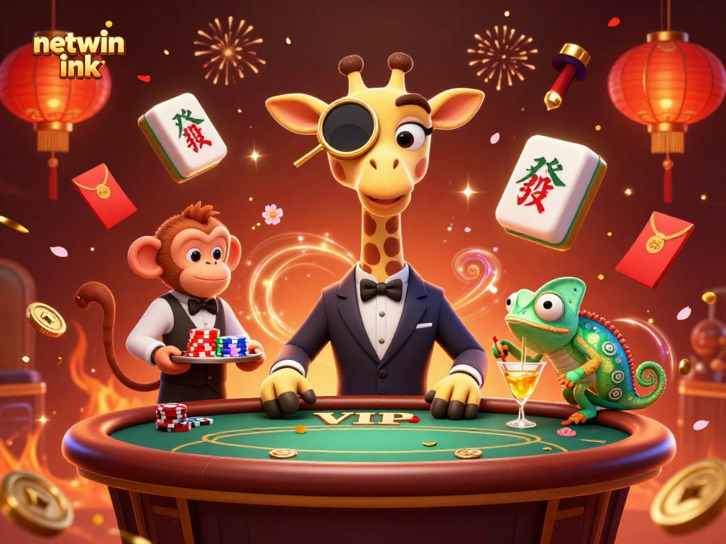 Experience thrilling gameplay with netwin ink showcasing a high-roller giraffe at a vibrant casino scene.