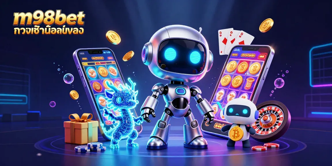 Experience exciting gameplay with m98bet ทางเข้ามือถือ featuring a vibrant robotic scene and casino elements.
