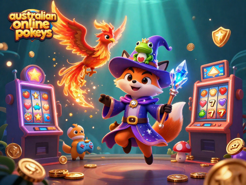 Experience australian online pokies excitement with a wizard fox and phoenix in a vibrant slot scene.