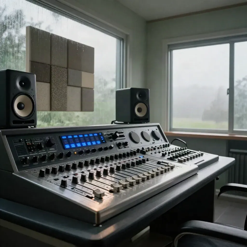 Premium beat-repair studio at dawn with synths, mixer, drum machine, and misty window light.
