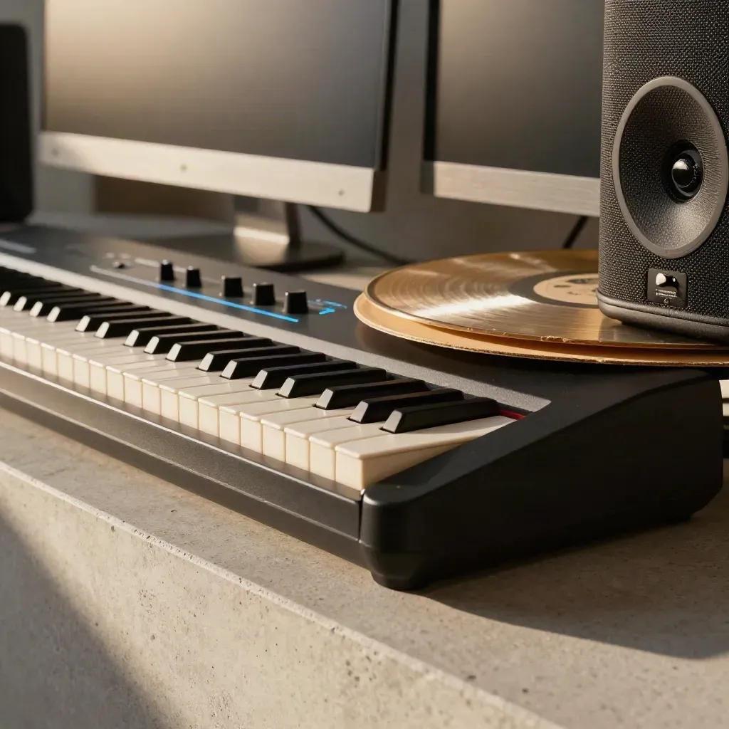 Macro of a beat-making studio corner with keyboard, drum machine, monitors, and vinyl sleeve
