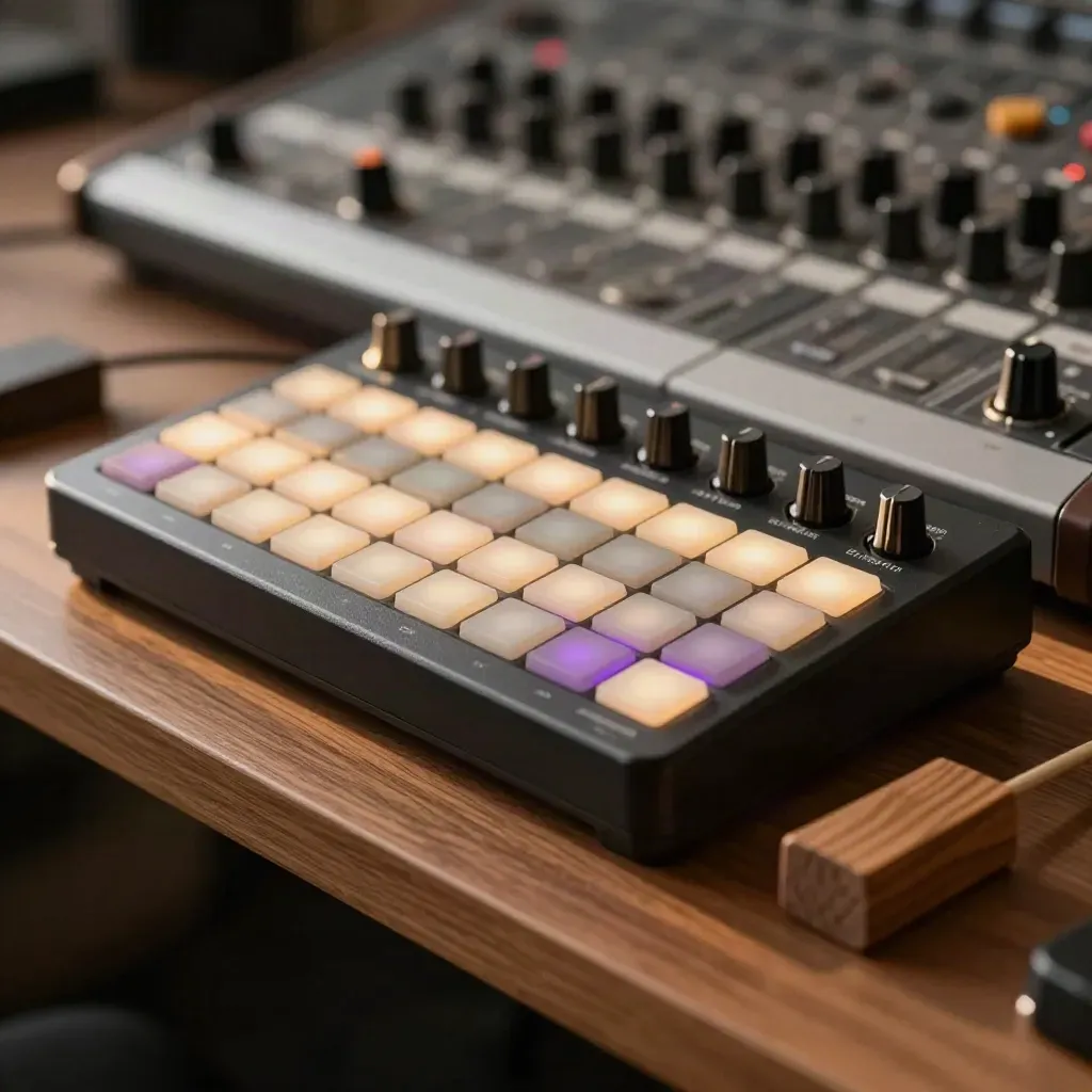 Step-sequenced drum machine mid-roll beside a skittering wood block in a studio shelf scene.