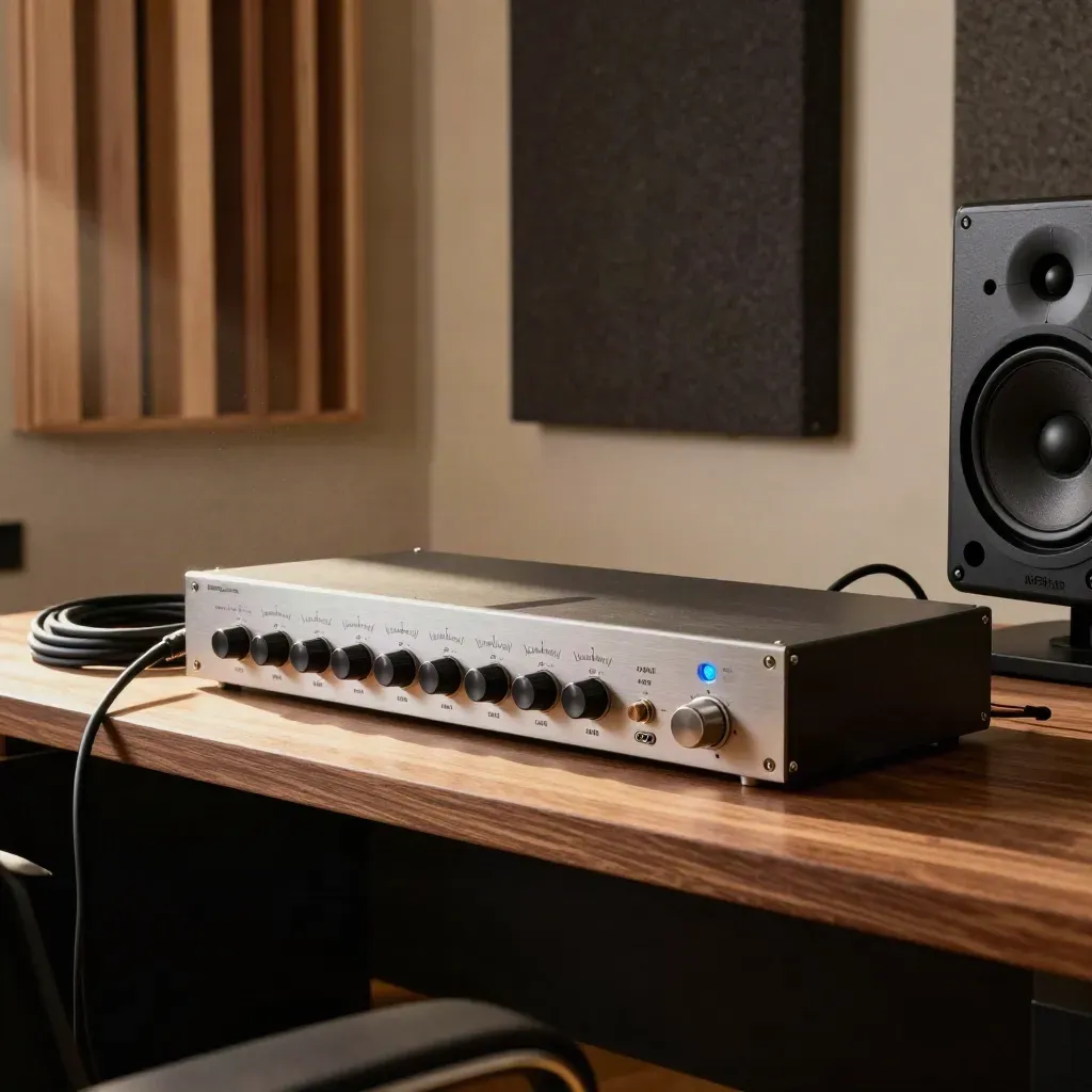 EQ, compressor, and monitor controller beside a bass-trap corner in warm studio light