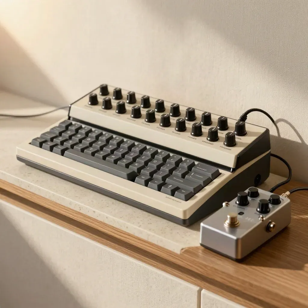 Sunlit melody-layering setup with stacked keyboards, synth module and harmonizer pedal on travertine.