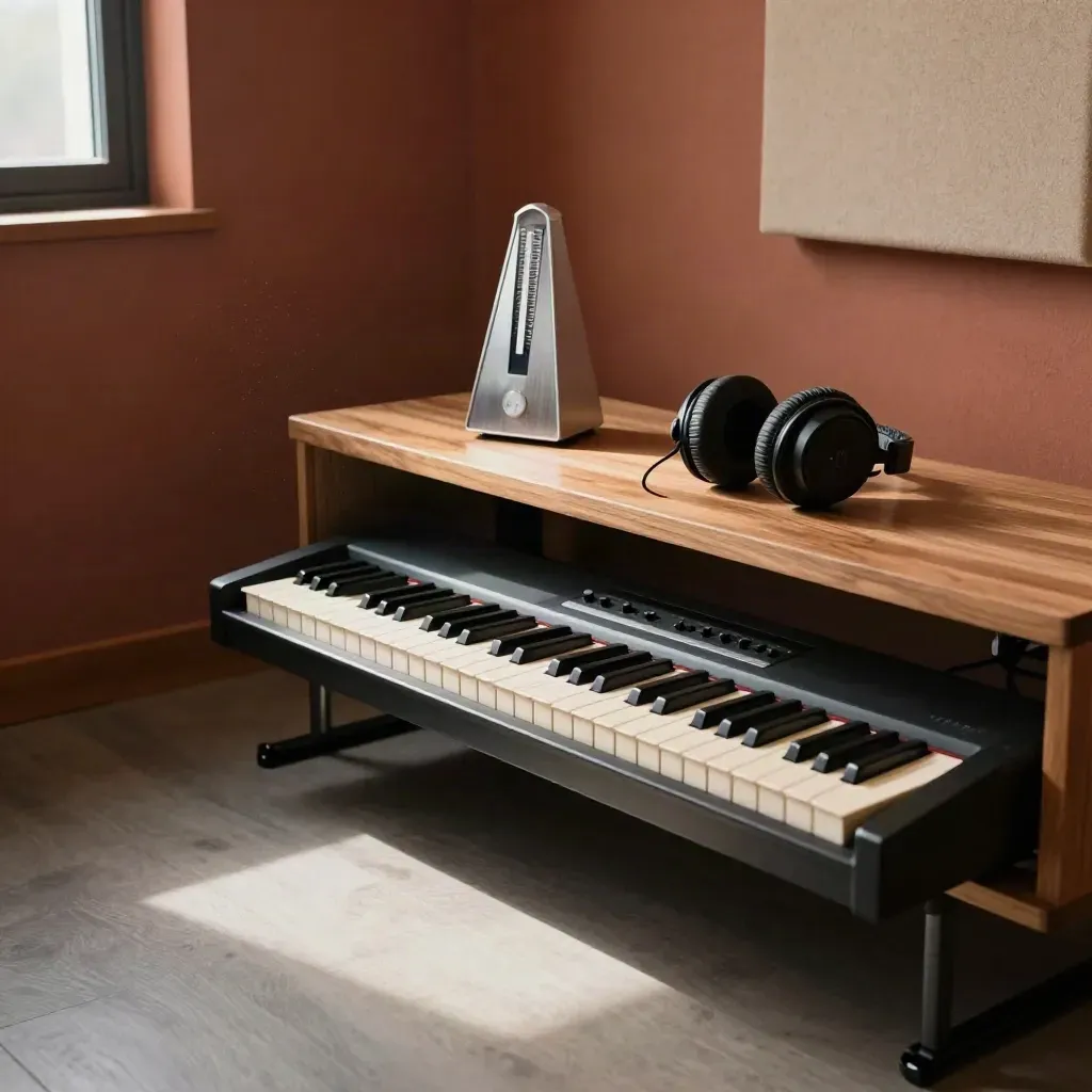 Warm studio corner with metronome, headphones, and mini keyboard in afternoon light.