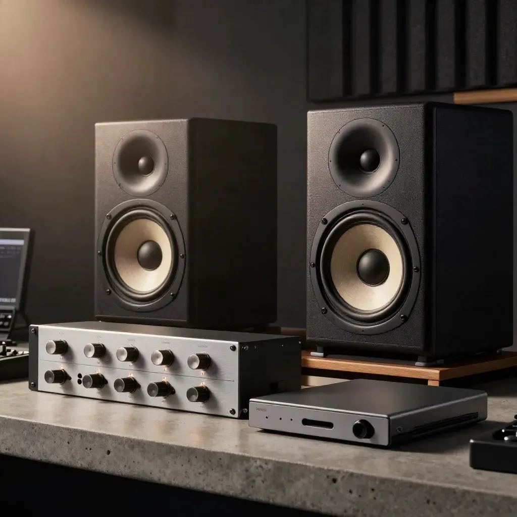 Polished mastering monitors, rack gear, and a master export drive in a cinematic studio