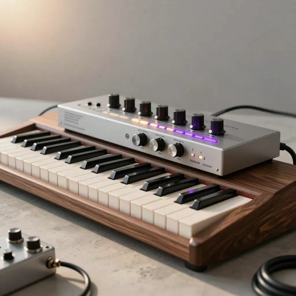 Layered synth keyboards and glowing controls on a studio floor, ready for a lifted chorus.