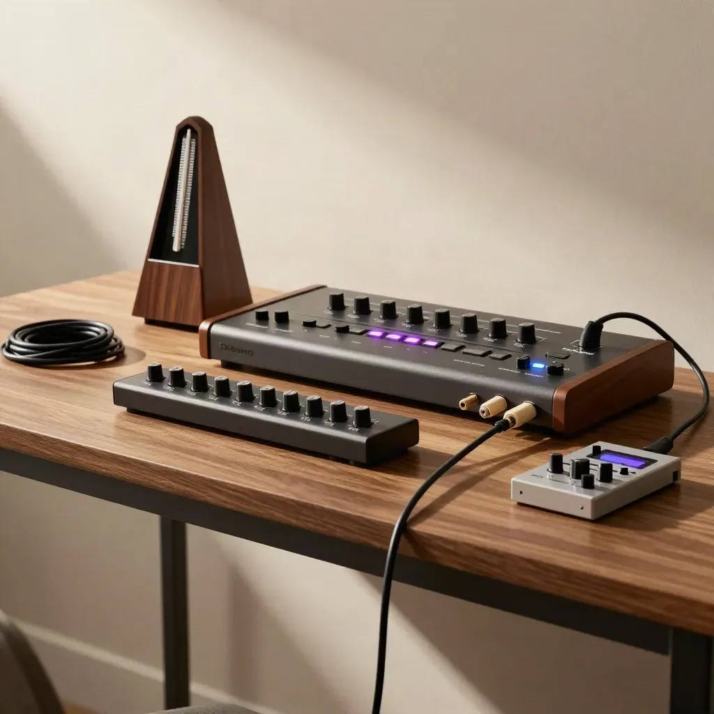 Metronome, controller, interface, and cables in a clean beat-repair setup, frozen mid-swing.