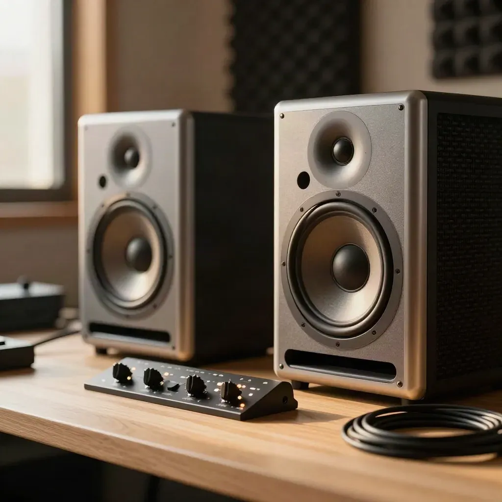 Close mix room detail with speakers, master chain and reference drive in warm window light.