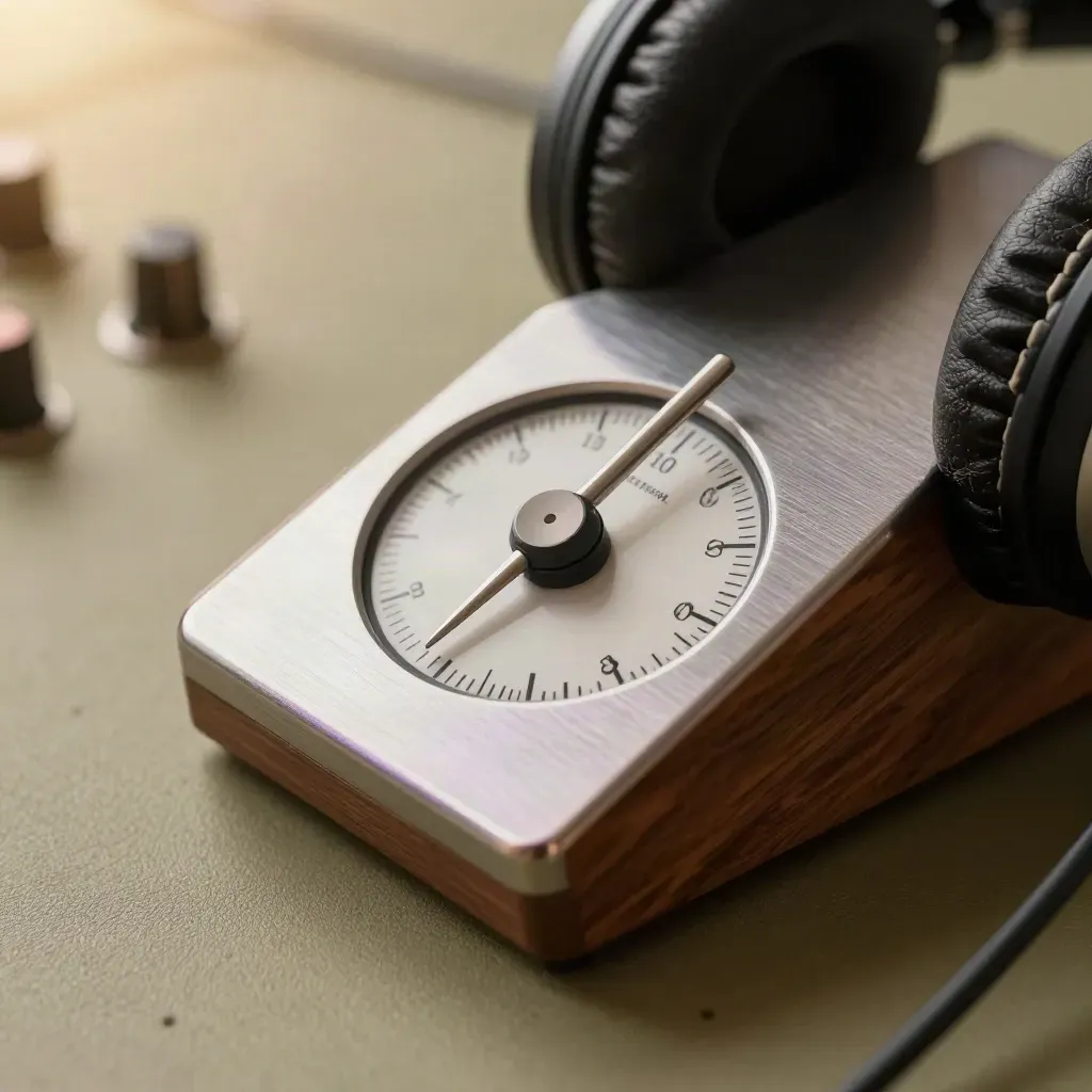 Macro still life of metronome dial, stitched headphone pad, and MIDI octave switch on a desk.