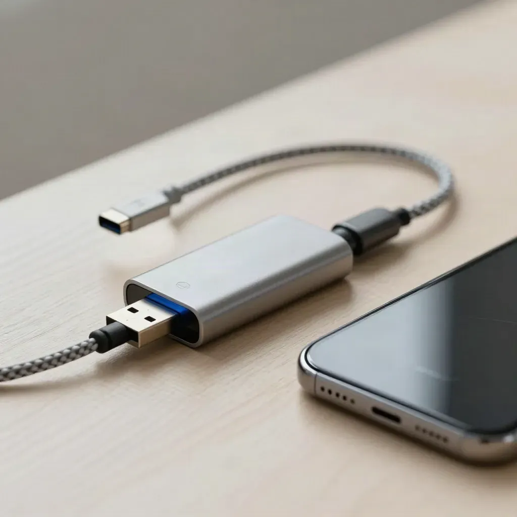 USB-C drive in an audio interface beside a coiled cable and blank phone on pale wood