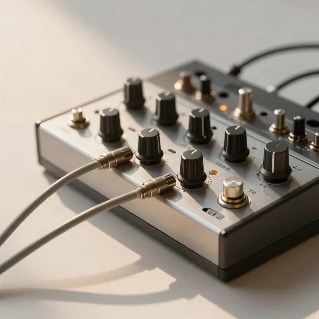 Brushed-silver synth module with patched cables, one turned knob, and a glowing diode on plaster.