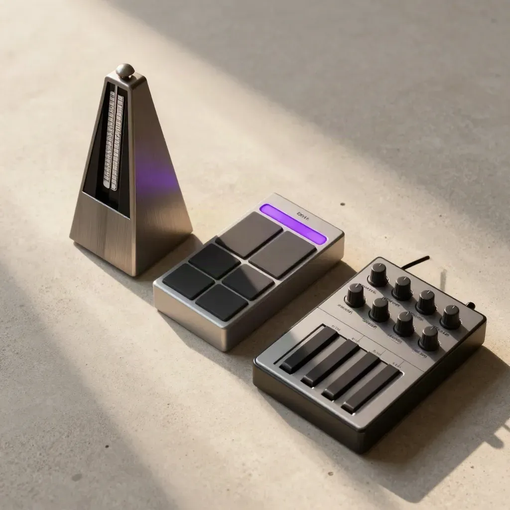 Overhead flatlay of a metronome, drum machine and MIDI controller on concrete