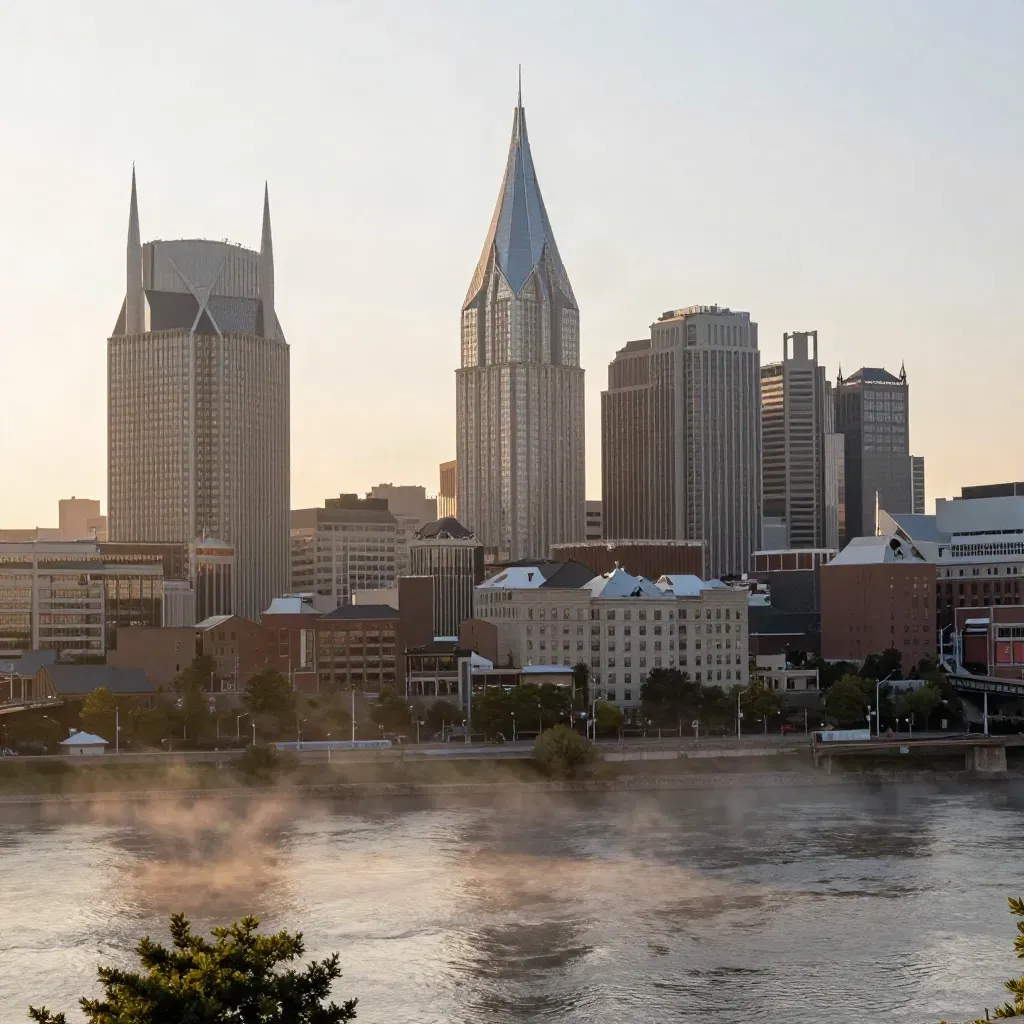 Nashville skyline at sunrise with the AT&amp;T tower above the misty Cumberland River