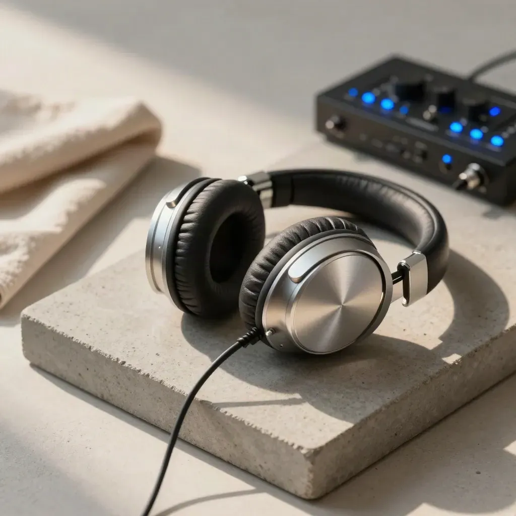 Export drive, studio headphones, and mastering console on a concrete tray under soft side light.