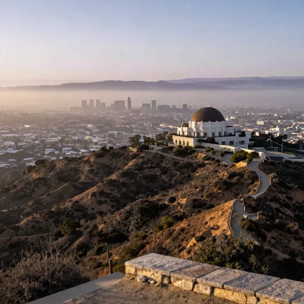 Griffith Observatory over the Los Angeles basin in marine haze, hills high and city low