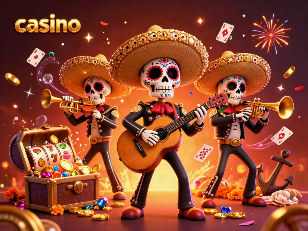 Engaging casino scene with Day of the Dead mariachi skeletons celebrating with gold coins and vibrant decorations.