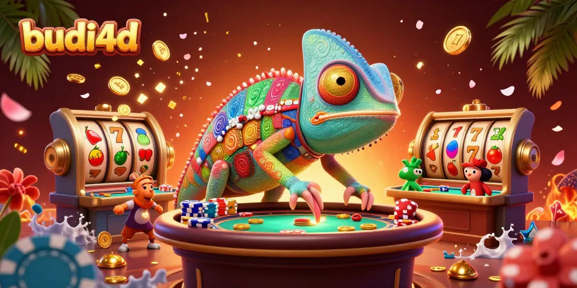 Spin slots and win big rewards with budi4d's vibrant casino illustration featuring chameleons.