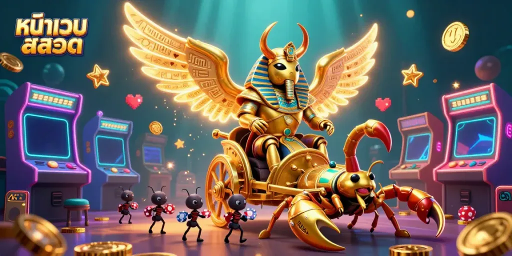 Engage with หน้าเว็บสล็อต featuring a colossal golden scarab, scorpions, and vibrant casino elements.