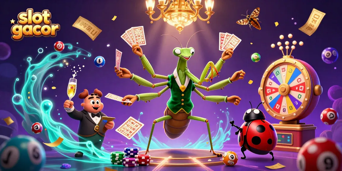 Slot gacor dengan karakter lucu bermain di kasino, dikelilingi bola lotere berwarna-warni.