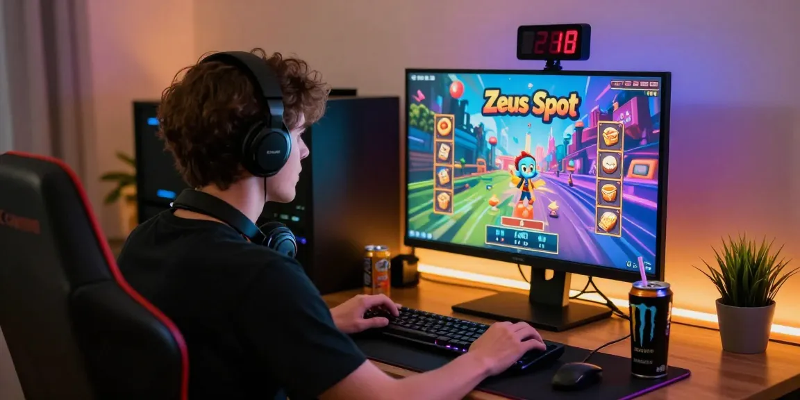 Player enjoying zeus slot game with vibrant graphics in cozy gaming setup