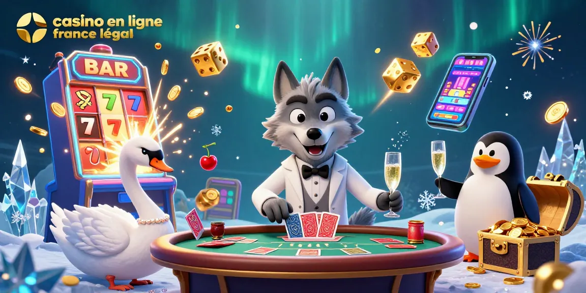 Illustration d'un casino en ligne France légal avec des personnages jouant à la baccarat et des machines à sous éclatantes.