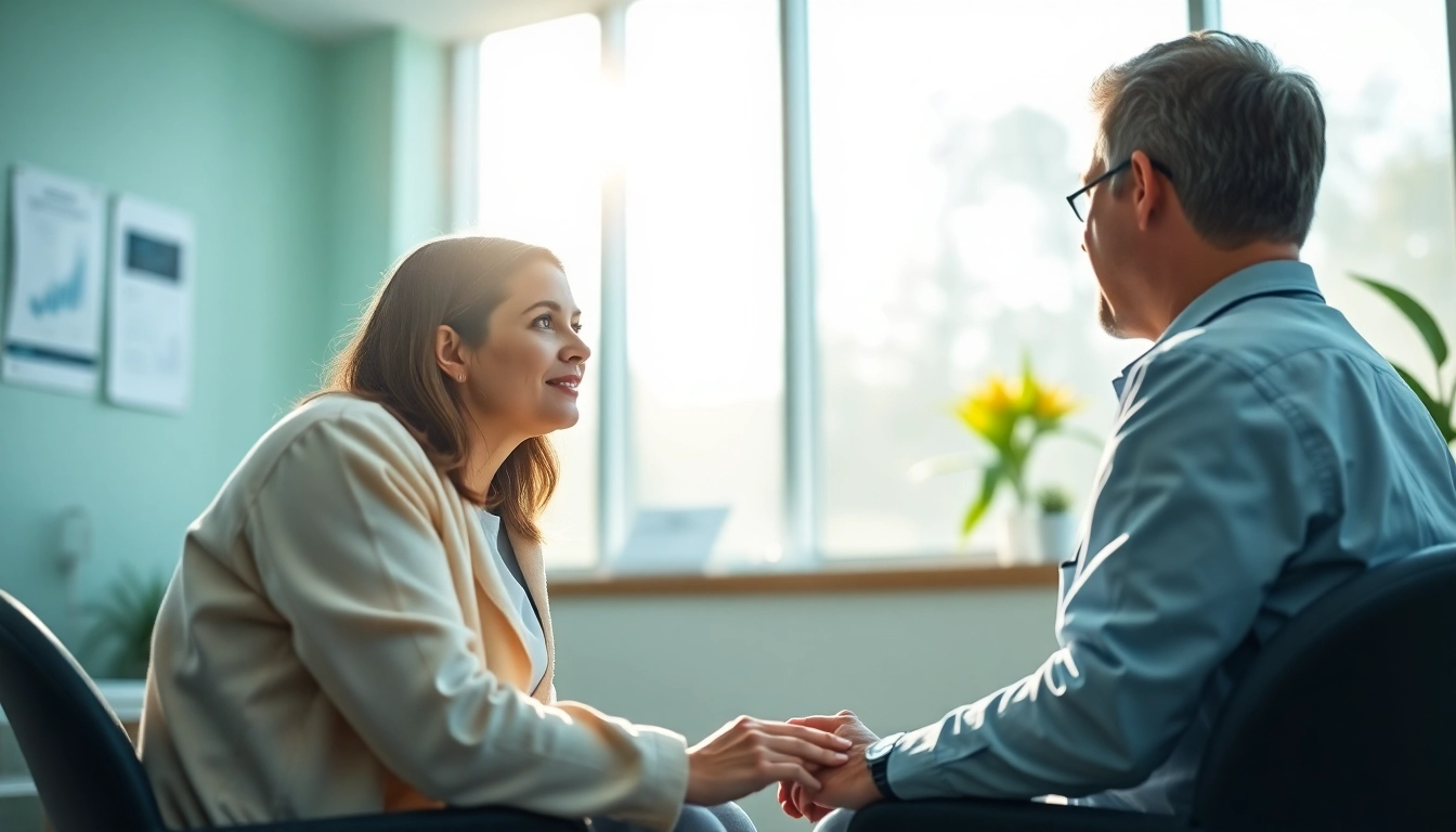 Engaging health advisor discussing well-being with a patient in a modern clinic.