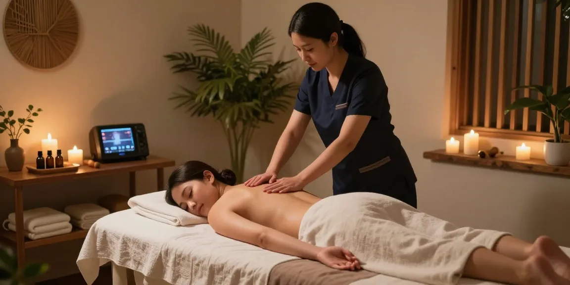 Massage therapist providing a relaxing 마사지 in a calming spa environment with soft lighting and natural decor.