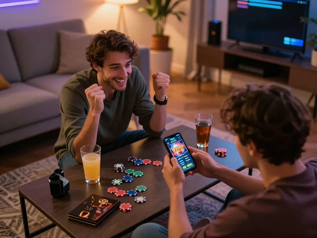 Engaged player exploring the 92slot casino app on smartphone during a cozy home gaming night.