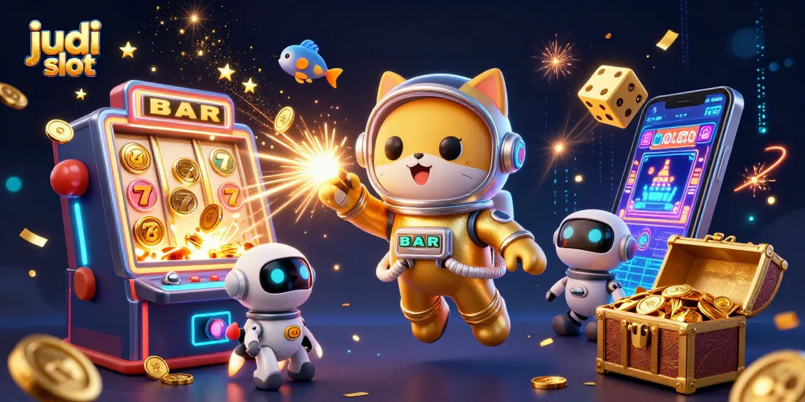 Engaging judi slot scene with a cat astronaut and robot dog amidst a jackpot explosion of coins.